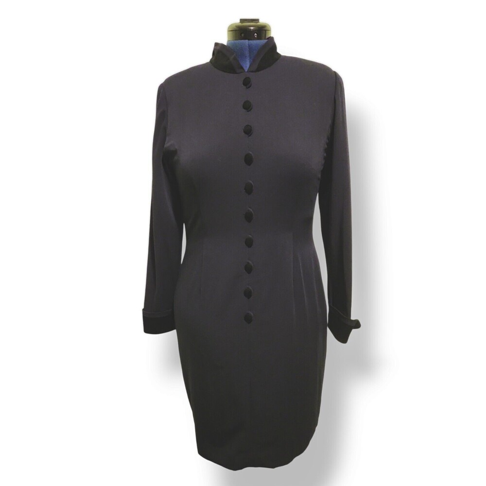 Donna Ricco New York Vintage Navy Blue Rayon / Wool Black Corduroy Trim Dress 10